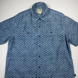 L.L.Bean Men's Button Down Short Shirt Blue White Cotton Linen - Size Medium